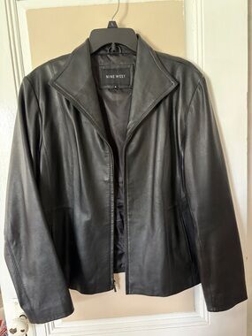 Nine West Black Leather Zip Jacket with Notched Collar